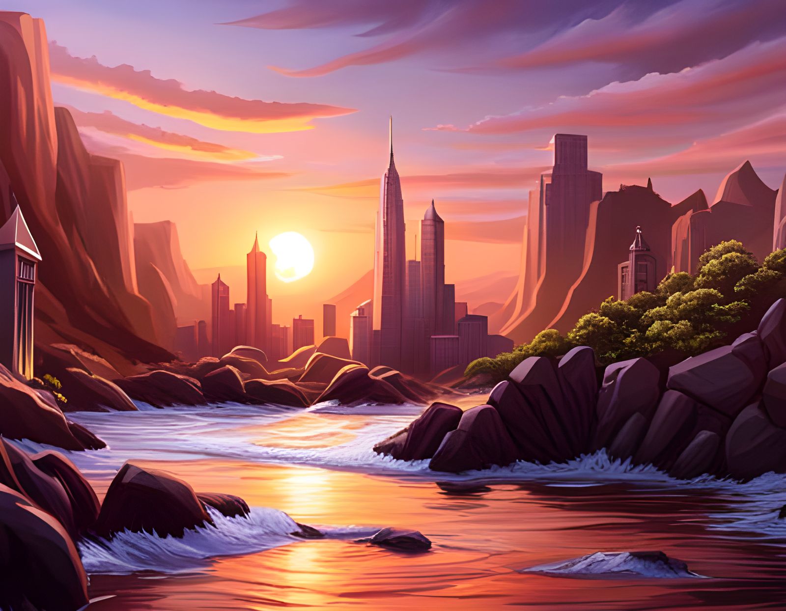 Oceanfront metropolis as seen from across the water at sunset  by @Alex_Heart_Sun