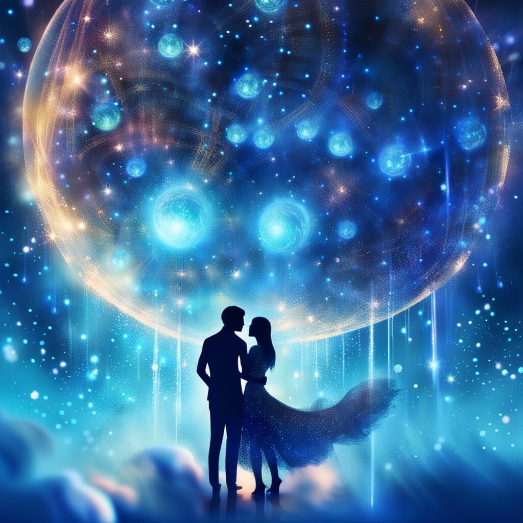 intricate couple embracing facing sparkling planet venus on ...