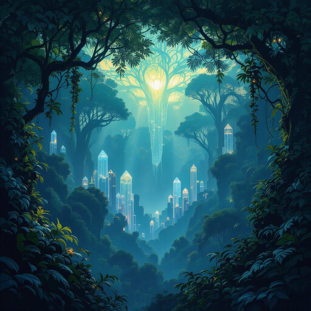 A vast, alien forest canopy at twilight, with bioluminescent flora casting an ethereal glow. Strange, crystalline structures emerge from the...