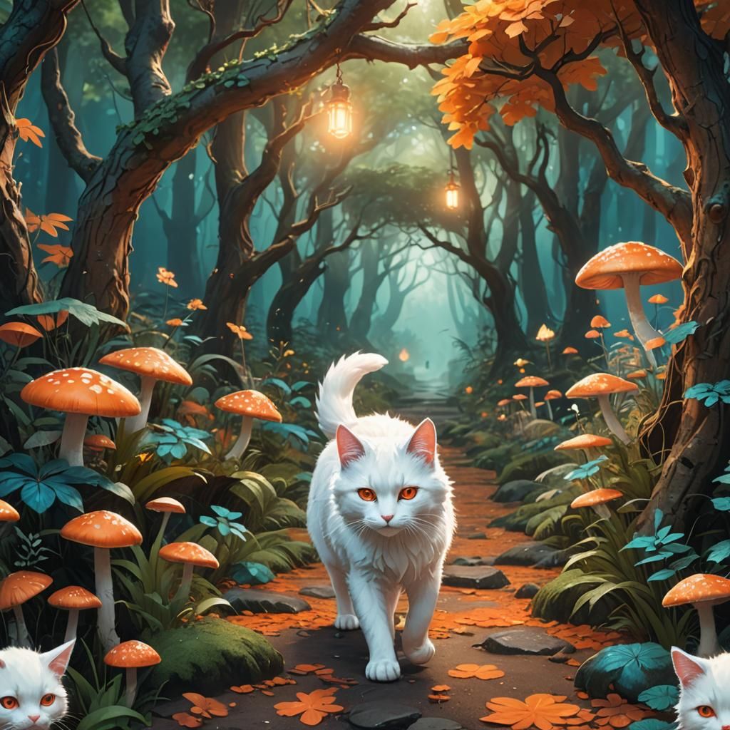 Anime Cat and Wolf in Mystical Forest: Digital Matte Paintin...