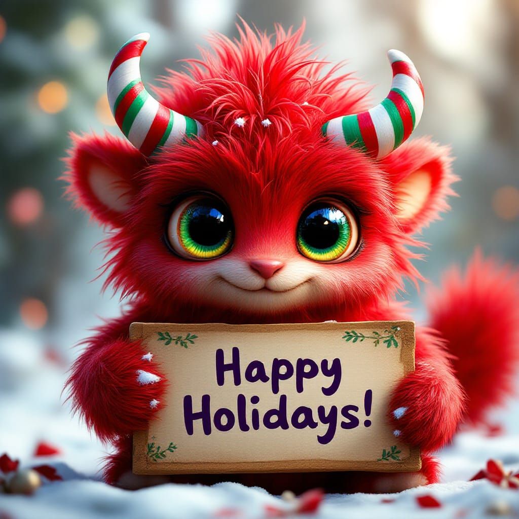 An adorable big multicolored eyed mythical creature who is very fluffy, red and green in color, candy cane horns, holding a sign that says "...