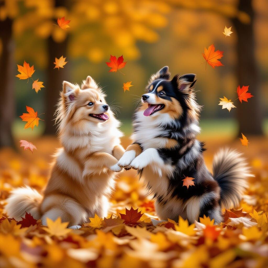 Puppies playing with autumn leaves