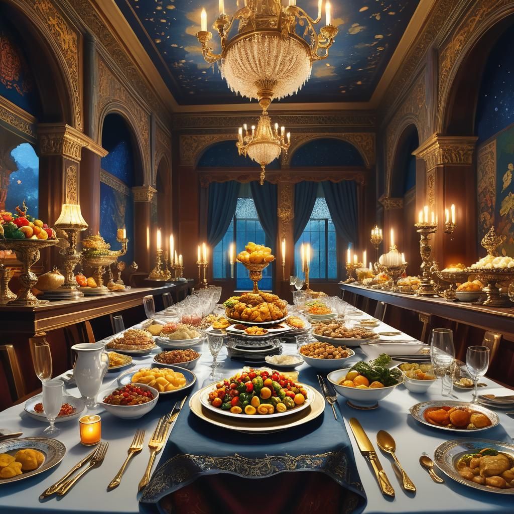Opulent King's Table in Grand Hall: Hyperrealistic Art