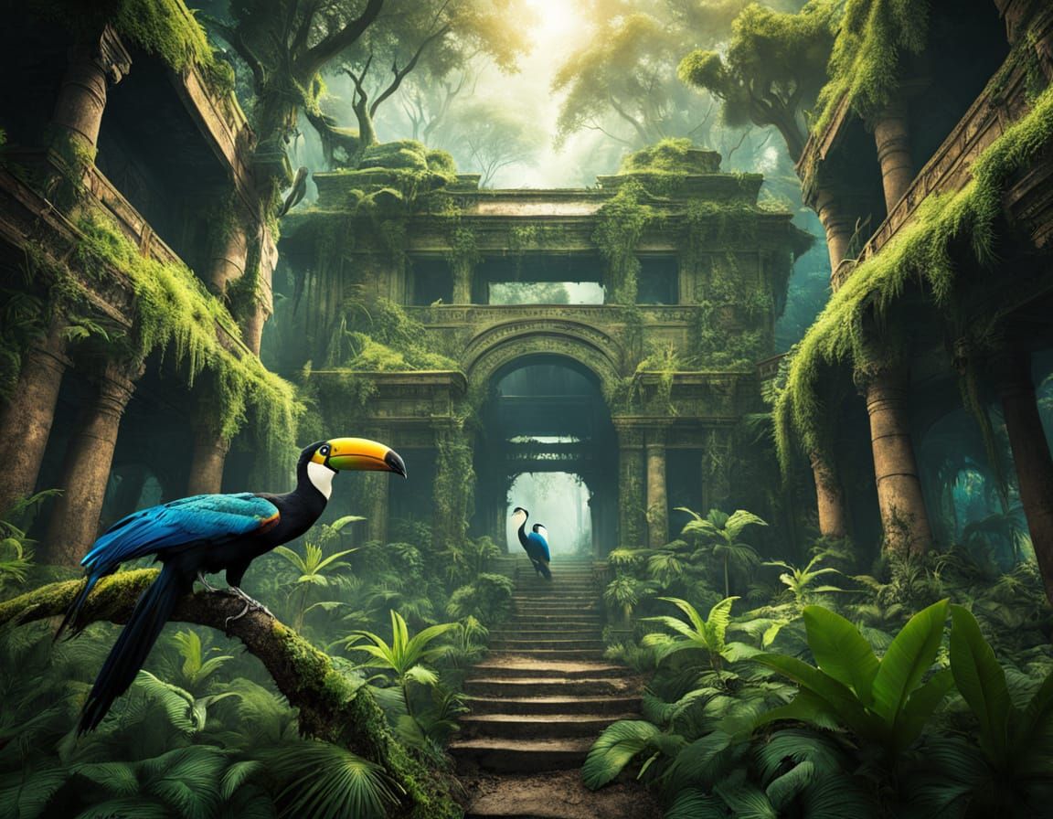 An explosive bird paradise mural: Giant tropical birds