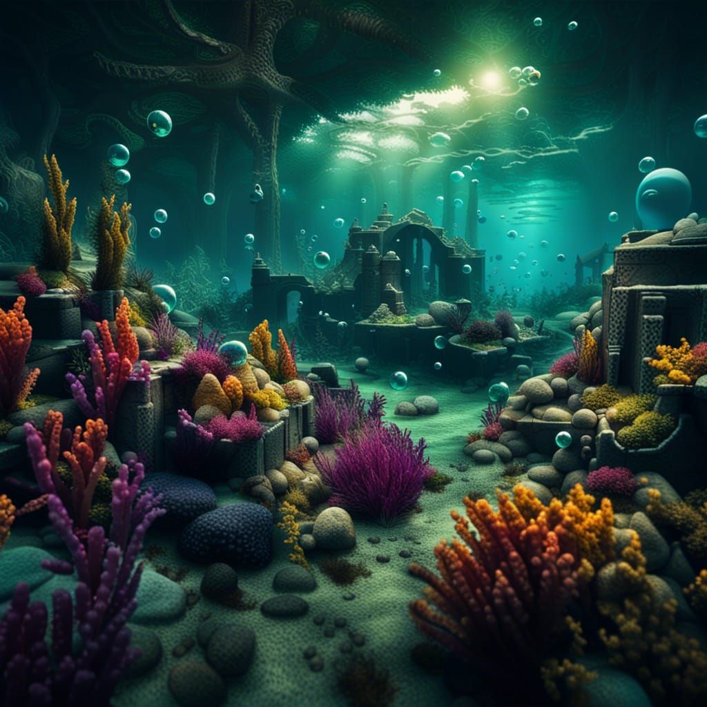 cinematic underwater sunken city, colourful vegetals, warm and ...