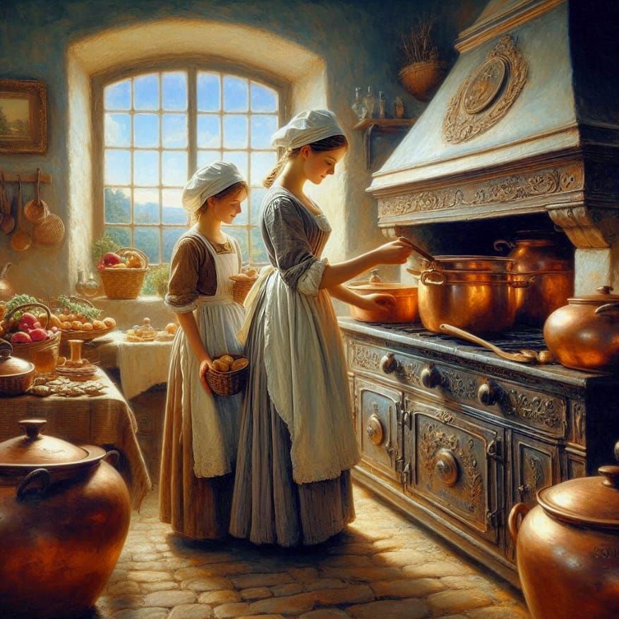 Old stove and copper pots