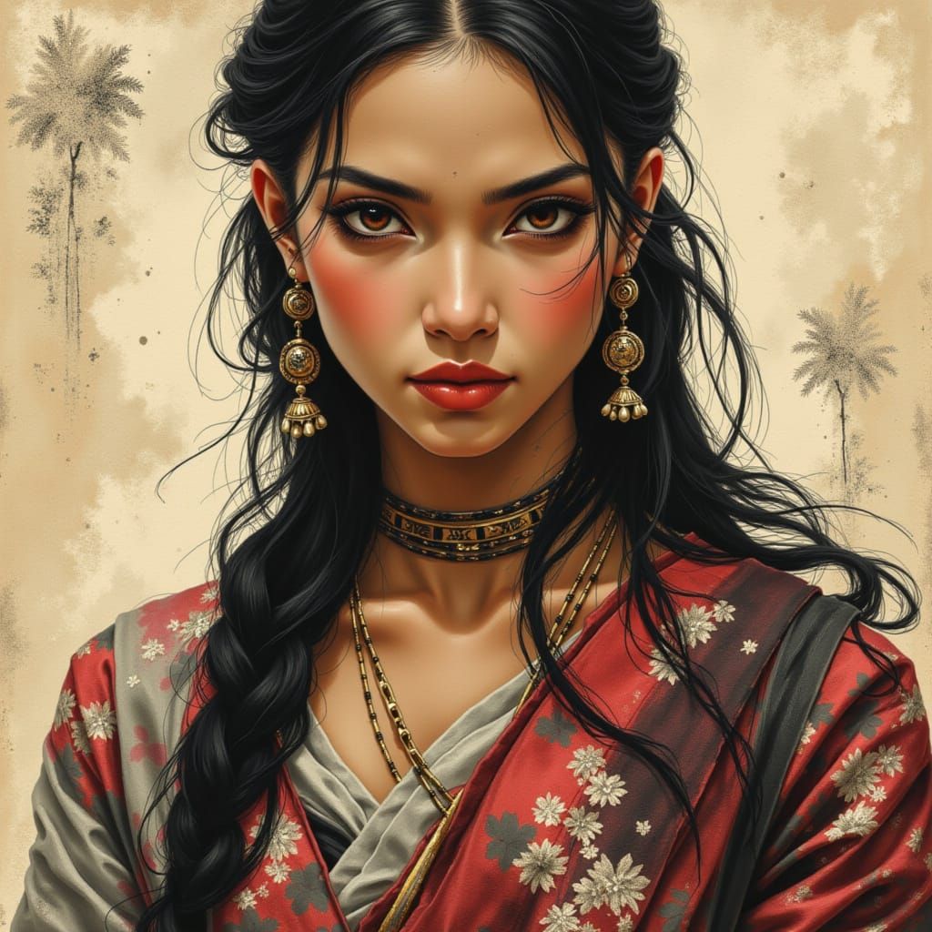 Indian Woman Portrait as Sumi-e Painting