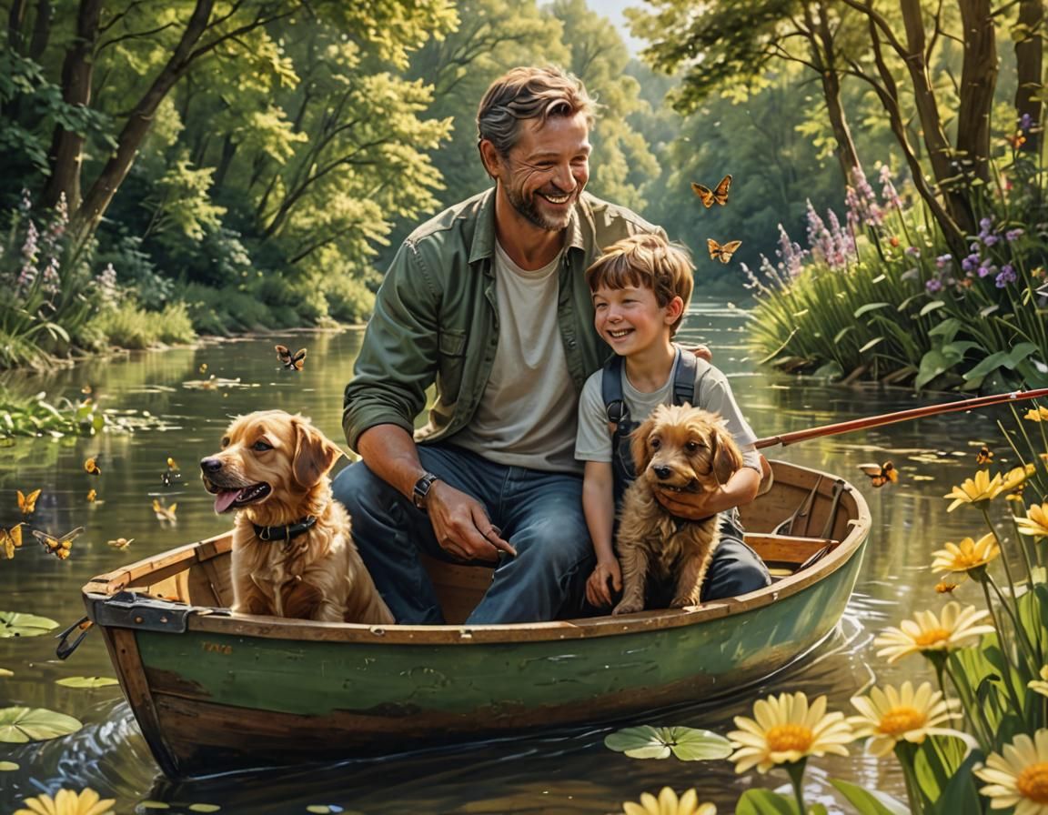 A father and his boy on a calm summer day on the stream.  by @Vinylrenen