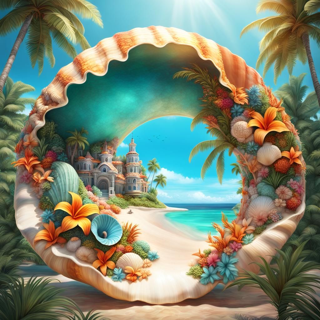 Tropical Island Inside Seashell: Fantasy Concept Art