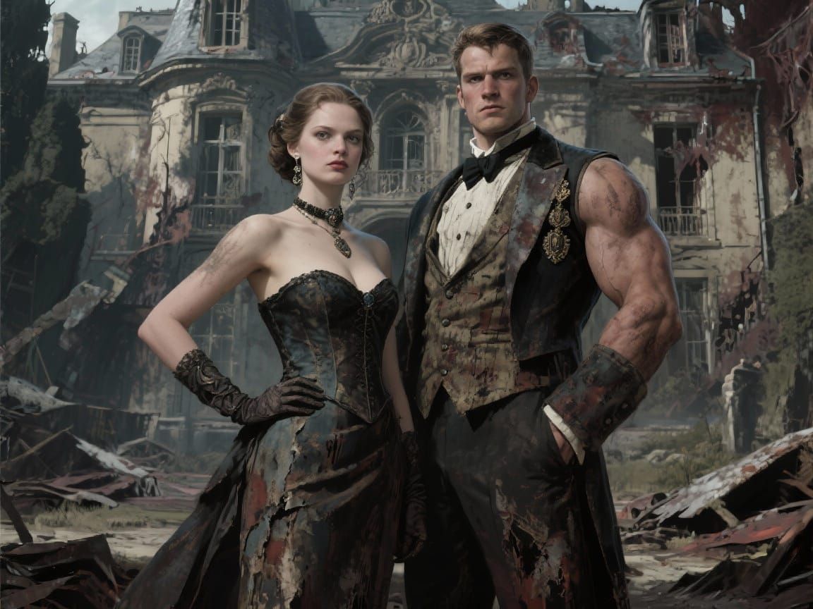 A young German aristocratic couple, a brother and sister, pose proudly in front of their French mansion. Upper body portrait. Post-apocalypt...