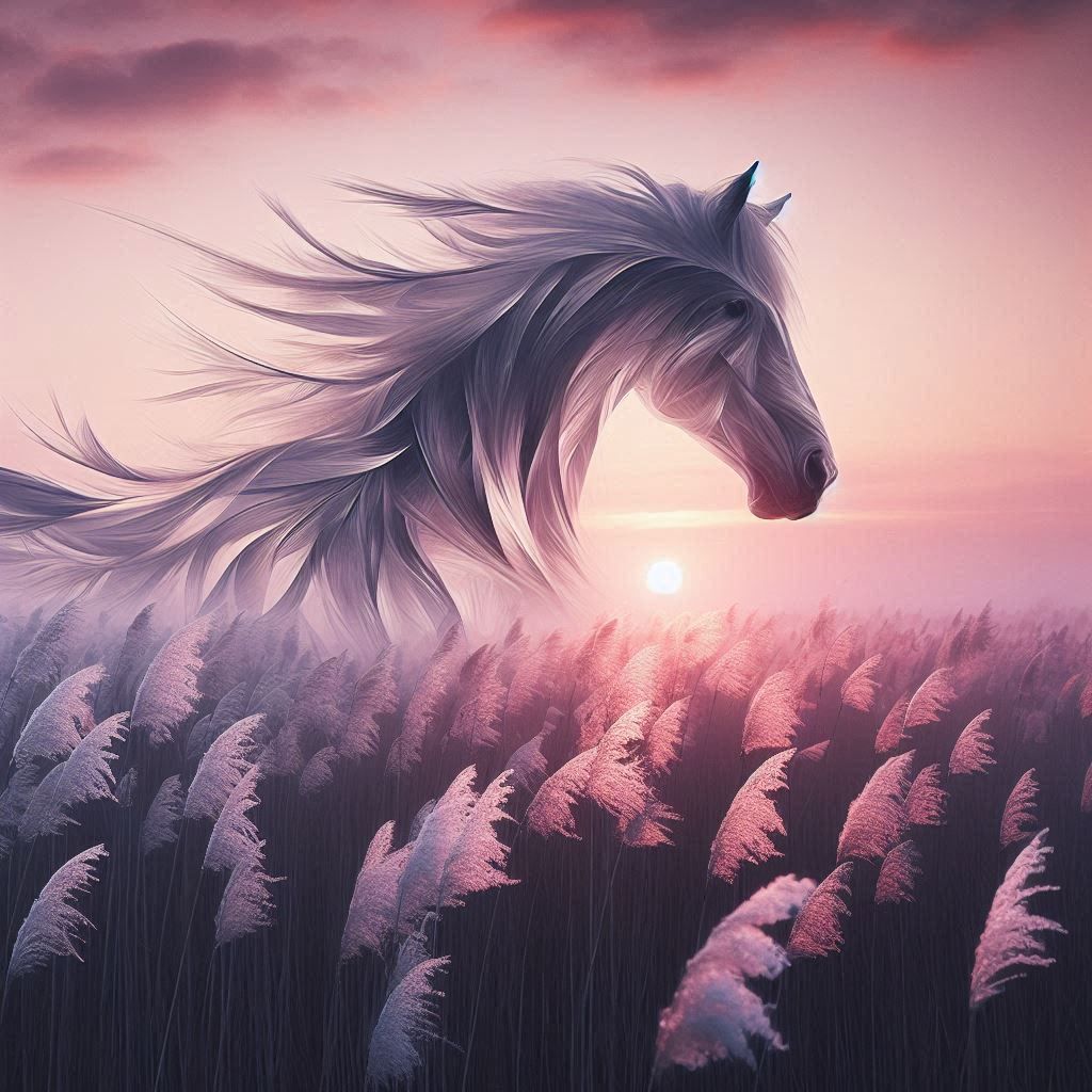 Horse and sunset through the reeds