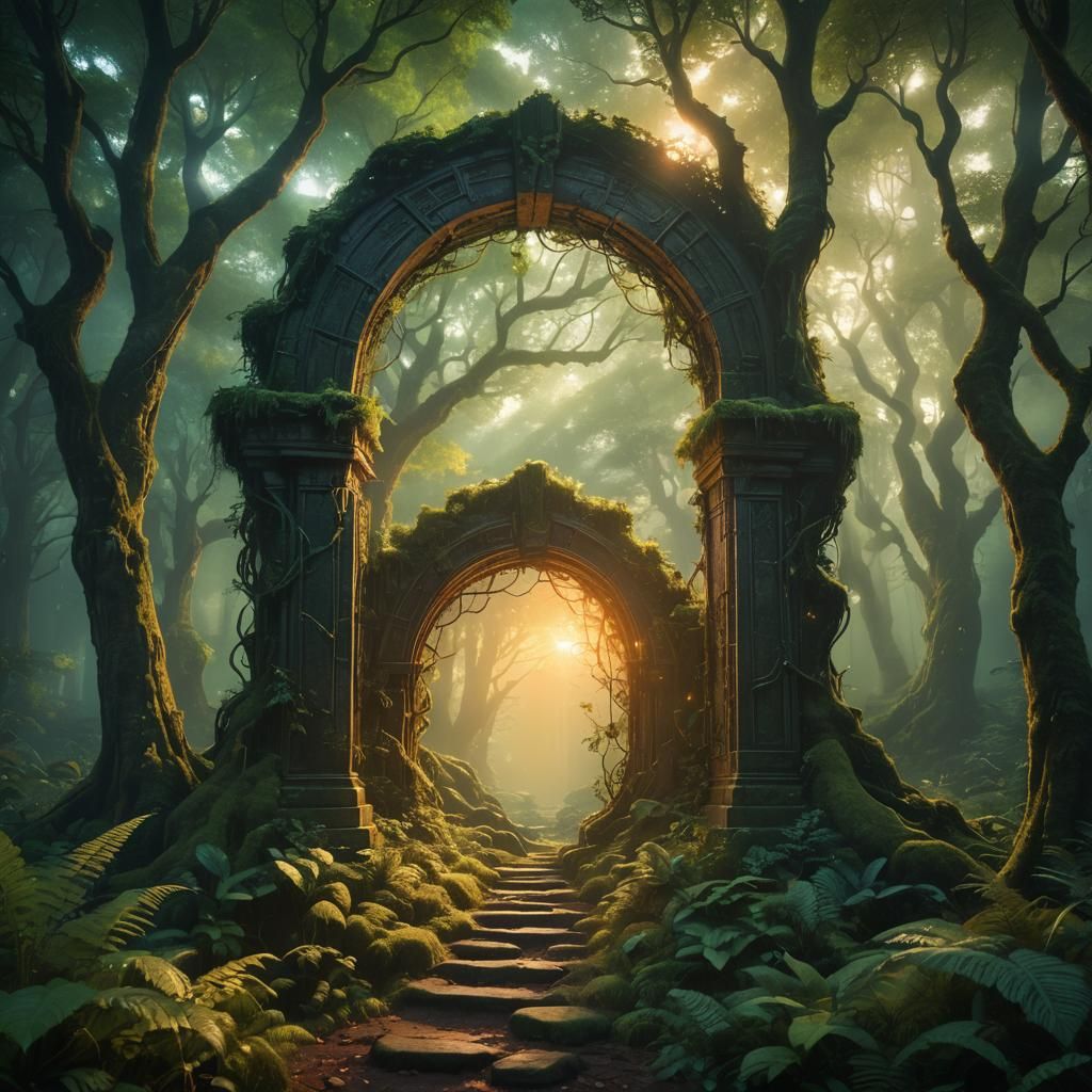 Mystical Portal in Lush Forest: Fantasy Concept Art