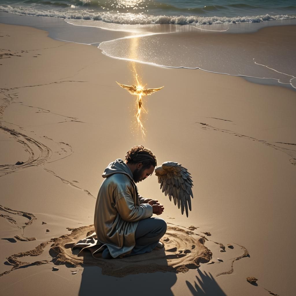 A man praying on his knees on a beach with sun glaring on him like an Angel 