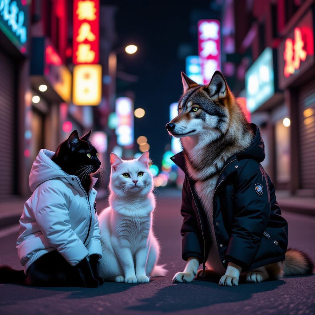 a black cat wearing a white jacket and a white cat wearing a black jacket with a tawney brown wolf wearing a brown jacket in a cool city