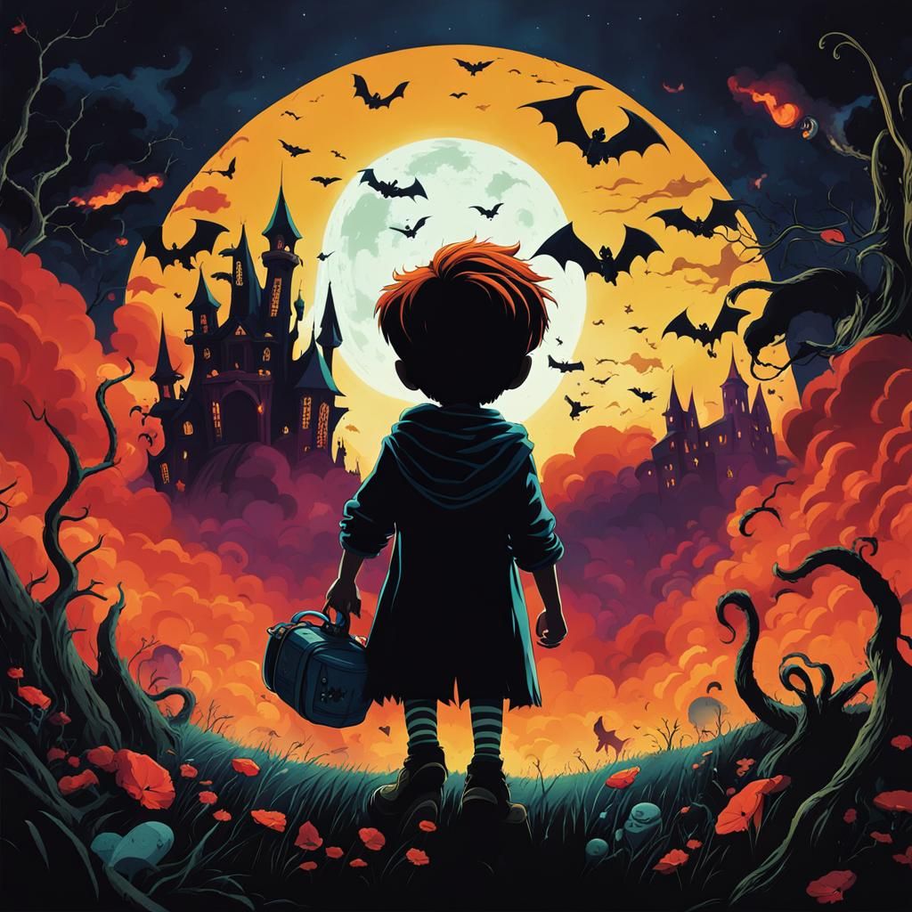 a boys life dark fantasy macabre wicked unspeakable open-space breath cartoonish and colorful