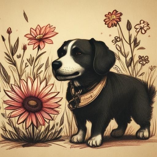 <lora:Vintage Sketch DS8:1.0> A dog sniffing a flower. Sketch art. Vintage