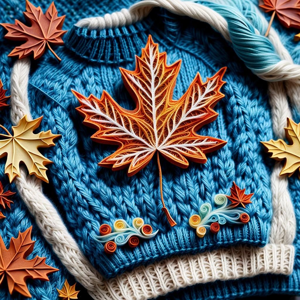 A dry maple leaf on a wool sweater.