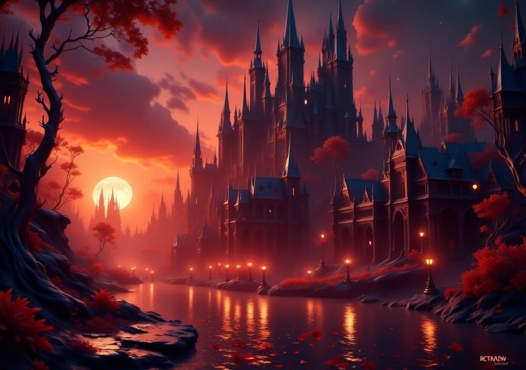 Gothic cityscape orange red lighting 