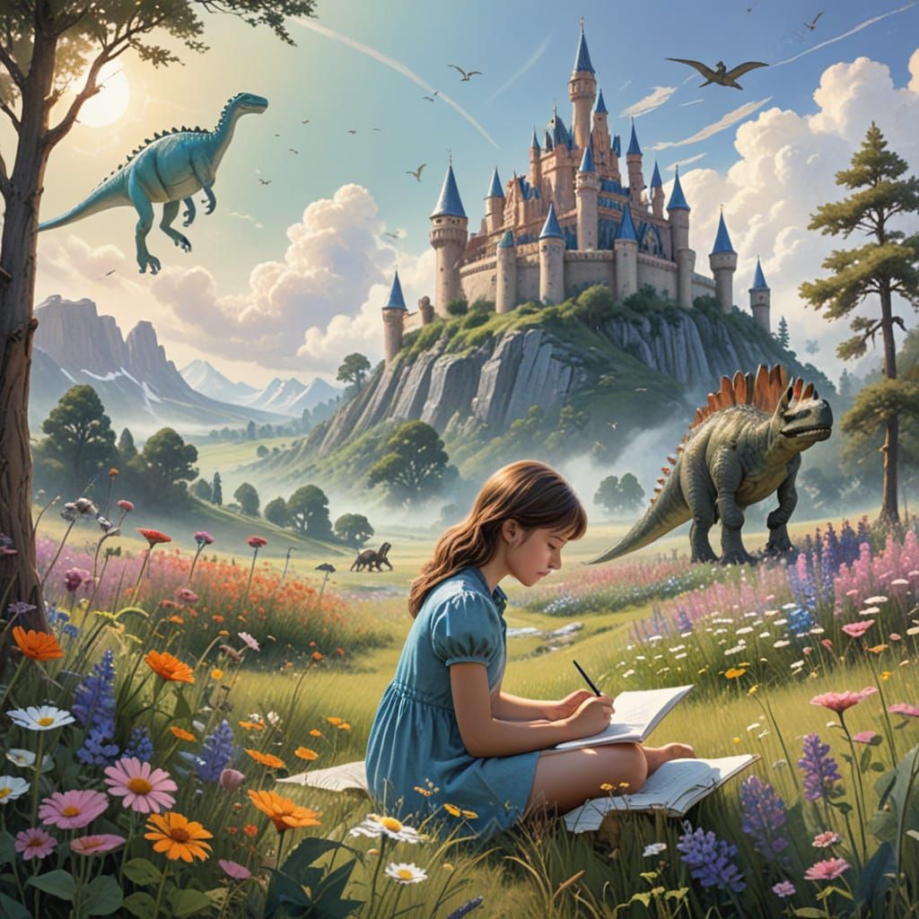 young girl sits in a field of wildflowers, sketching in her notebook. As she draws, the scene around her begins to shift and change, with el...