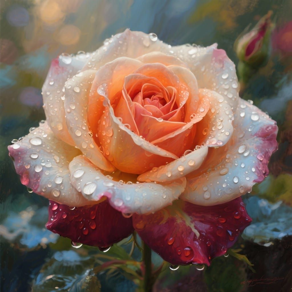 Impressionist Rose with Water Droplets Oil Painting