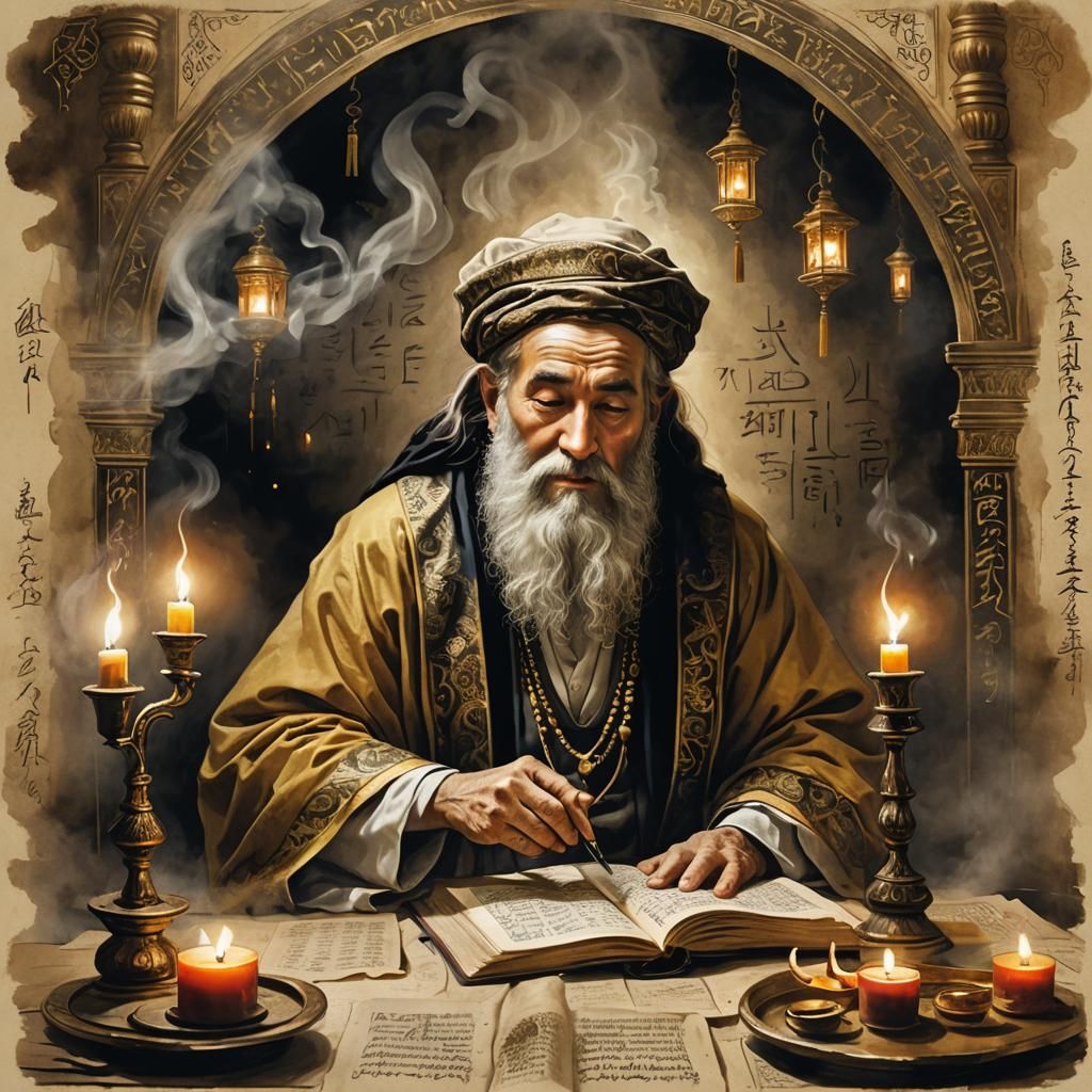 Old rabbi transcribing sacred writing with calligraphic writing tools on large scrolls  by @undefined