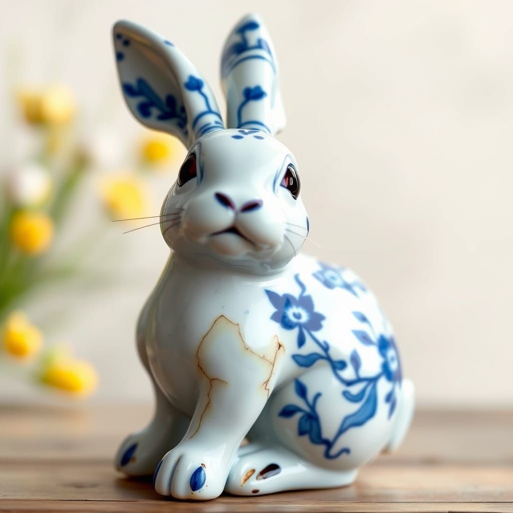 Elegant Qing-Style Ceramic Easter Bunny in Blue and White Po...