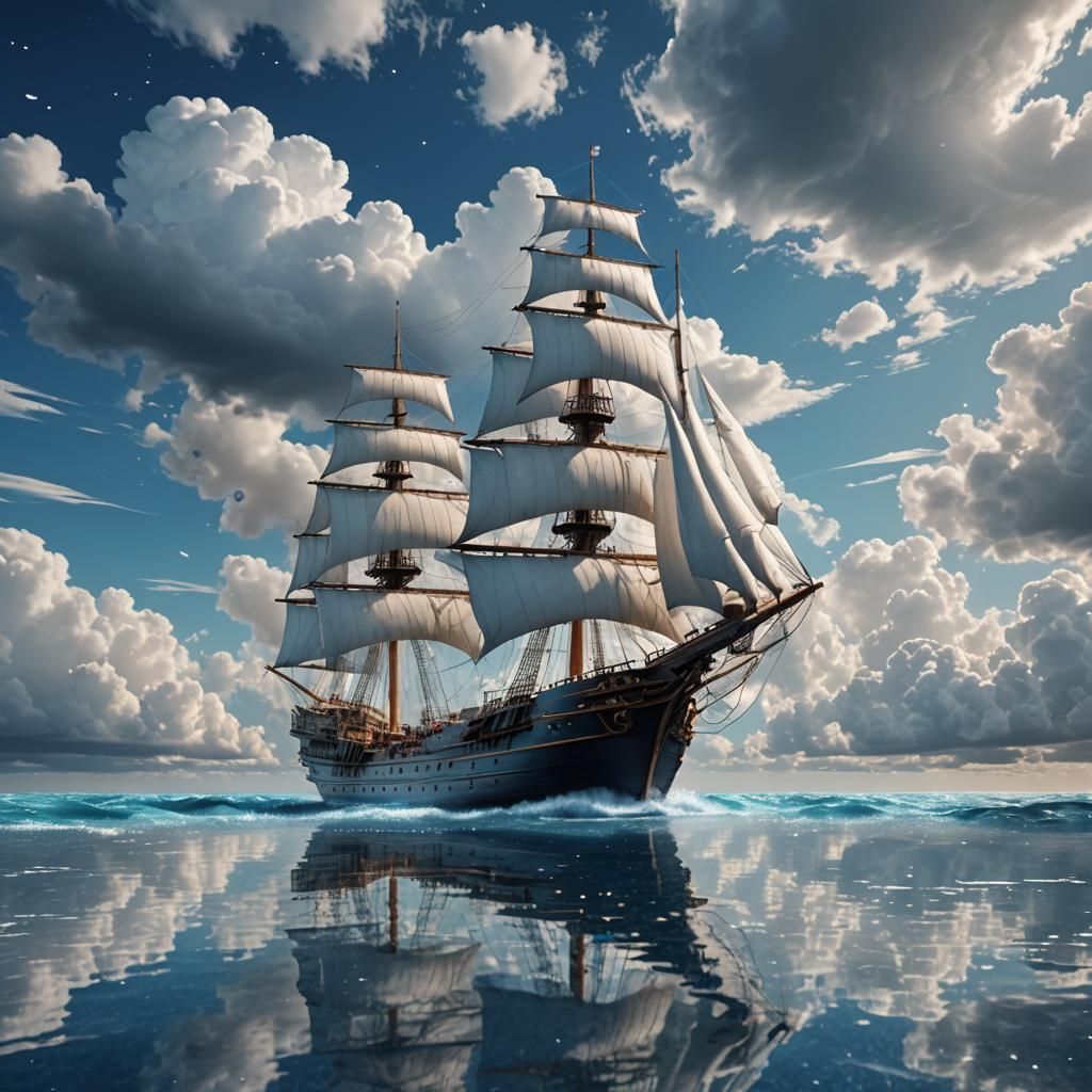 ship with white sails in a blue sea without waves, the ship ...