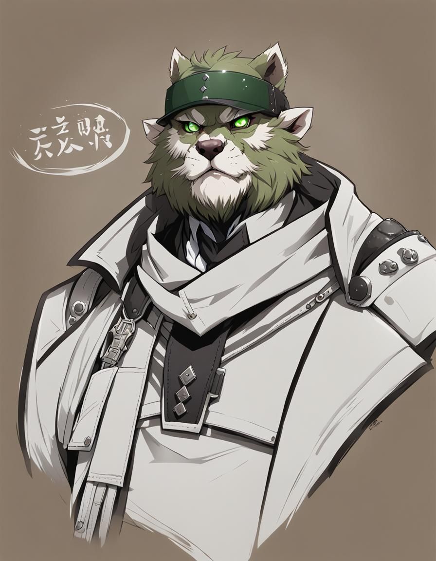dnd male slim bugbear,short fur, green eyes, wearing arm and...