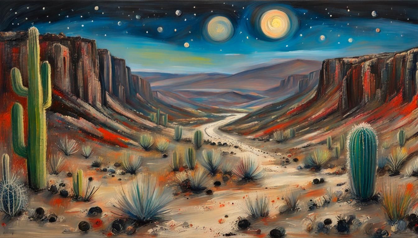 A Desert Canyon at night, with planets, stars and cactus, by Joan Eardley, Philip Guston, Gary bunt, ...  by @Summerchild