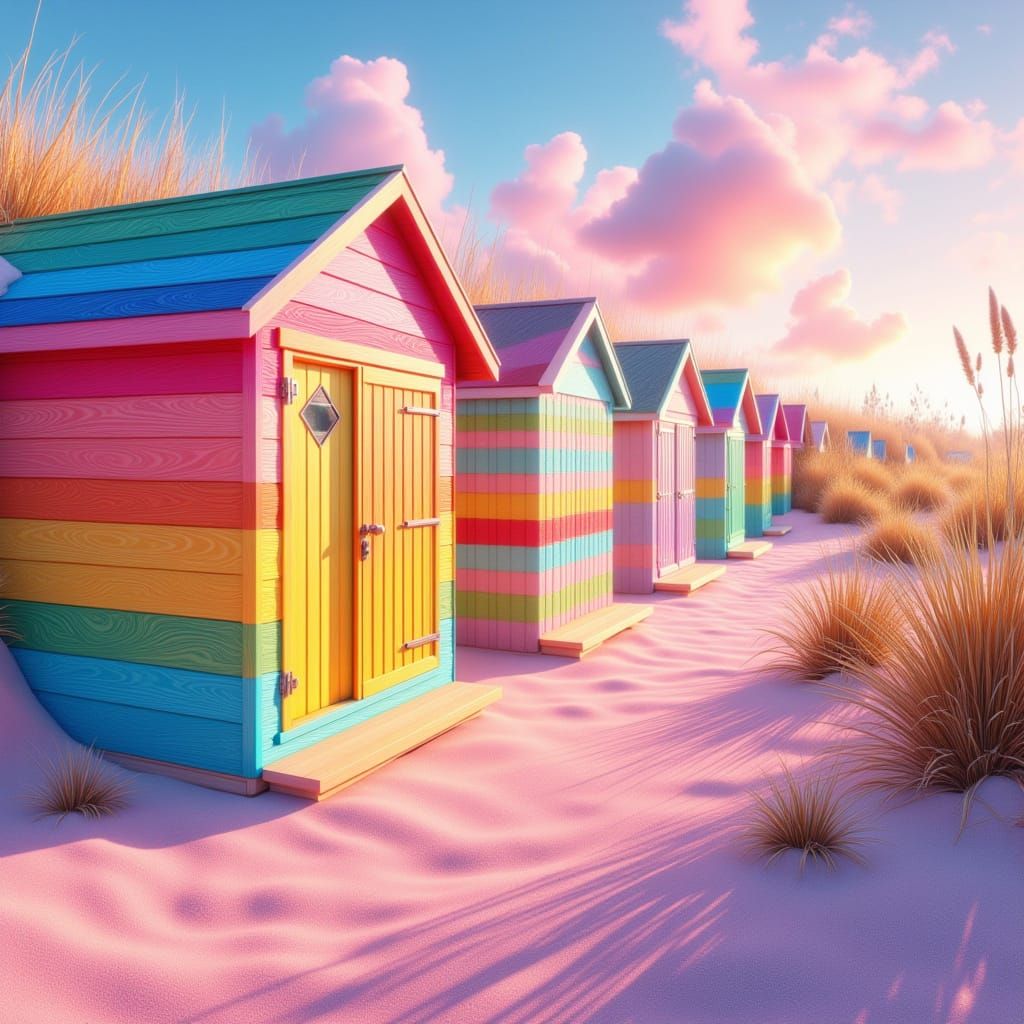 <lora:Water and Colour:1.0>Pink sands beach scene, pastel rainbow colored wooden clothes changing cabins, whimsical photorealistic hyperdeta...