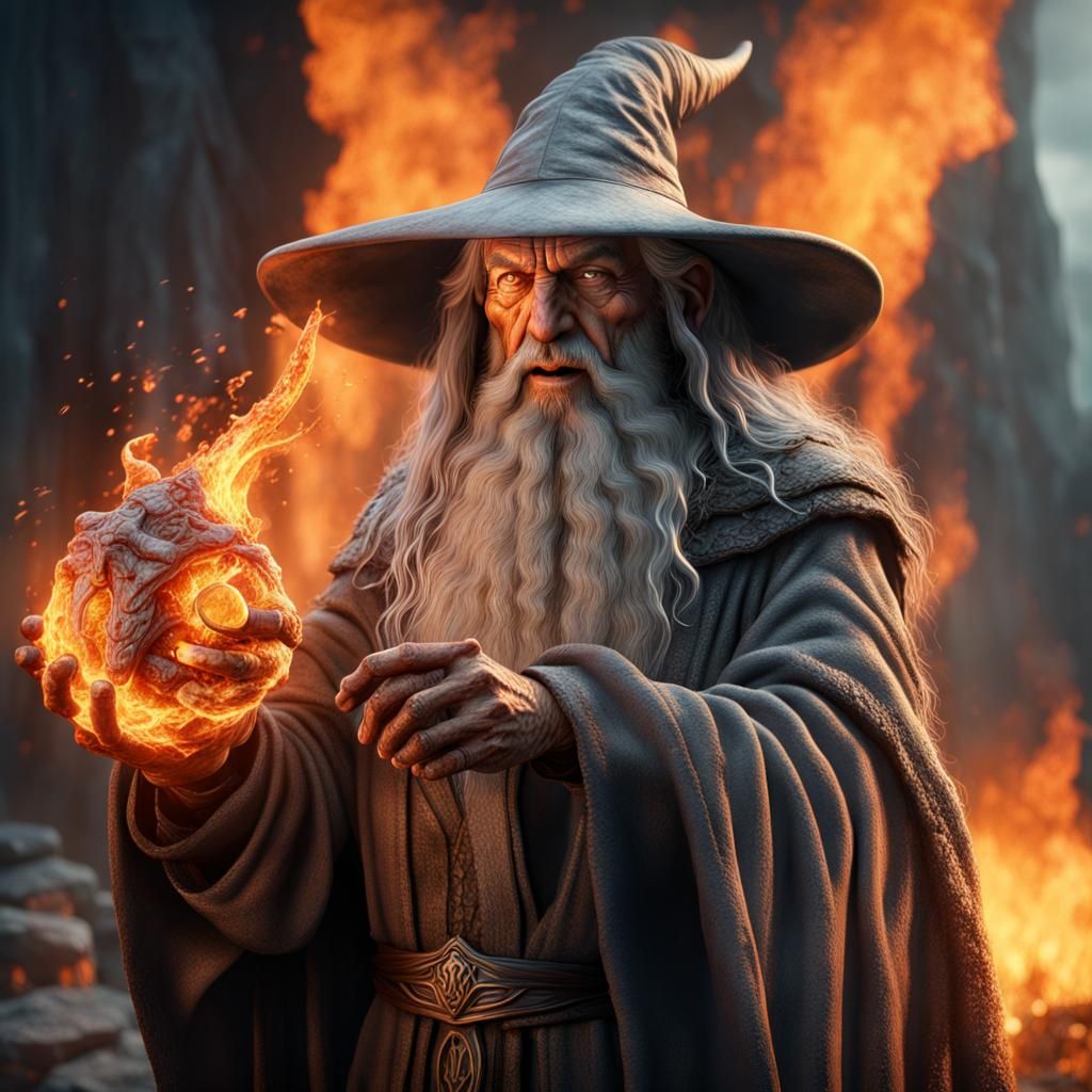 Gandalf The Gray Faces A Fire Demon - Ai Generated Artwork - Nightcafe 