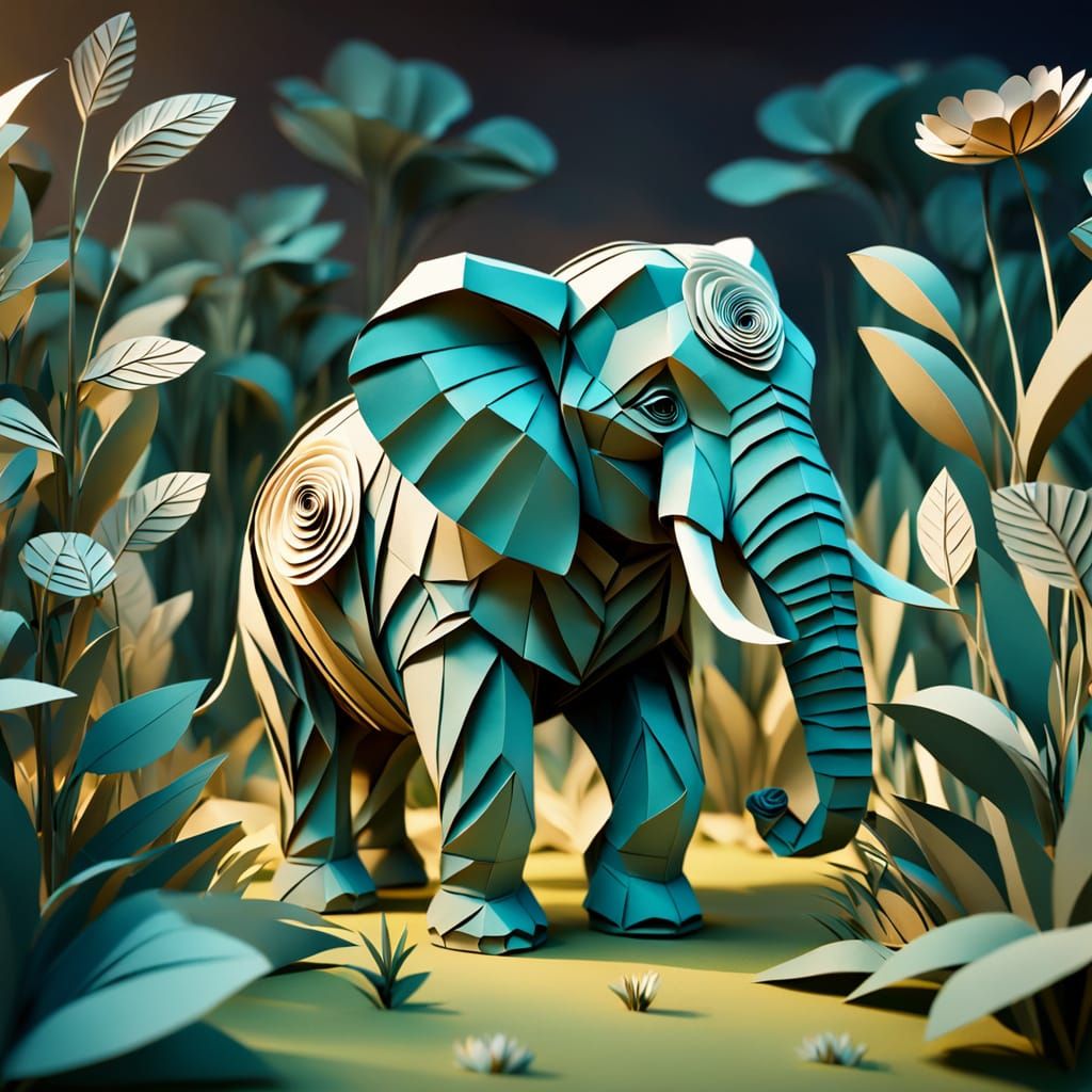 Concept art. A surreal scene of a Zulu-elephant made of folded paper, standing in a field of paper plants. ...  by @philipperivrain