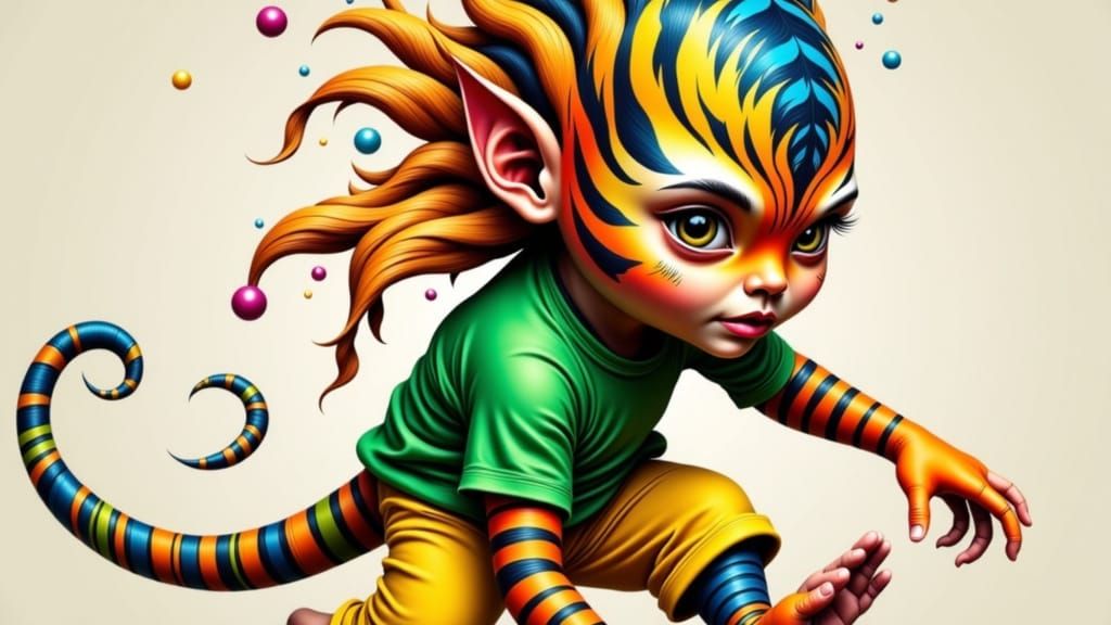 a child with skin tiger patterns  with  green and yellow outfit
<lora:Zeste-Citron Tiggnom:1.0>