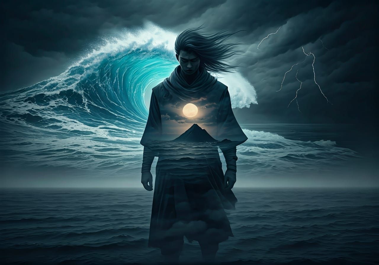 [Double exposure of a Japanese warrior] standing in a battle-ready stance, samurai sword held at his ...  by @Here I am Once again