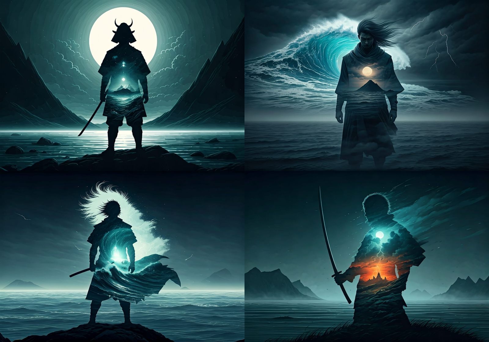 [Double exposure of a Japanese warrior] standing in a battle-ready stance, samurai sword held at his side. His silhouett...