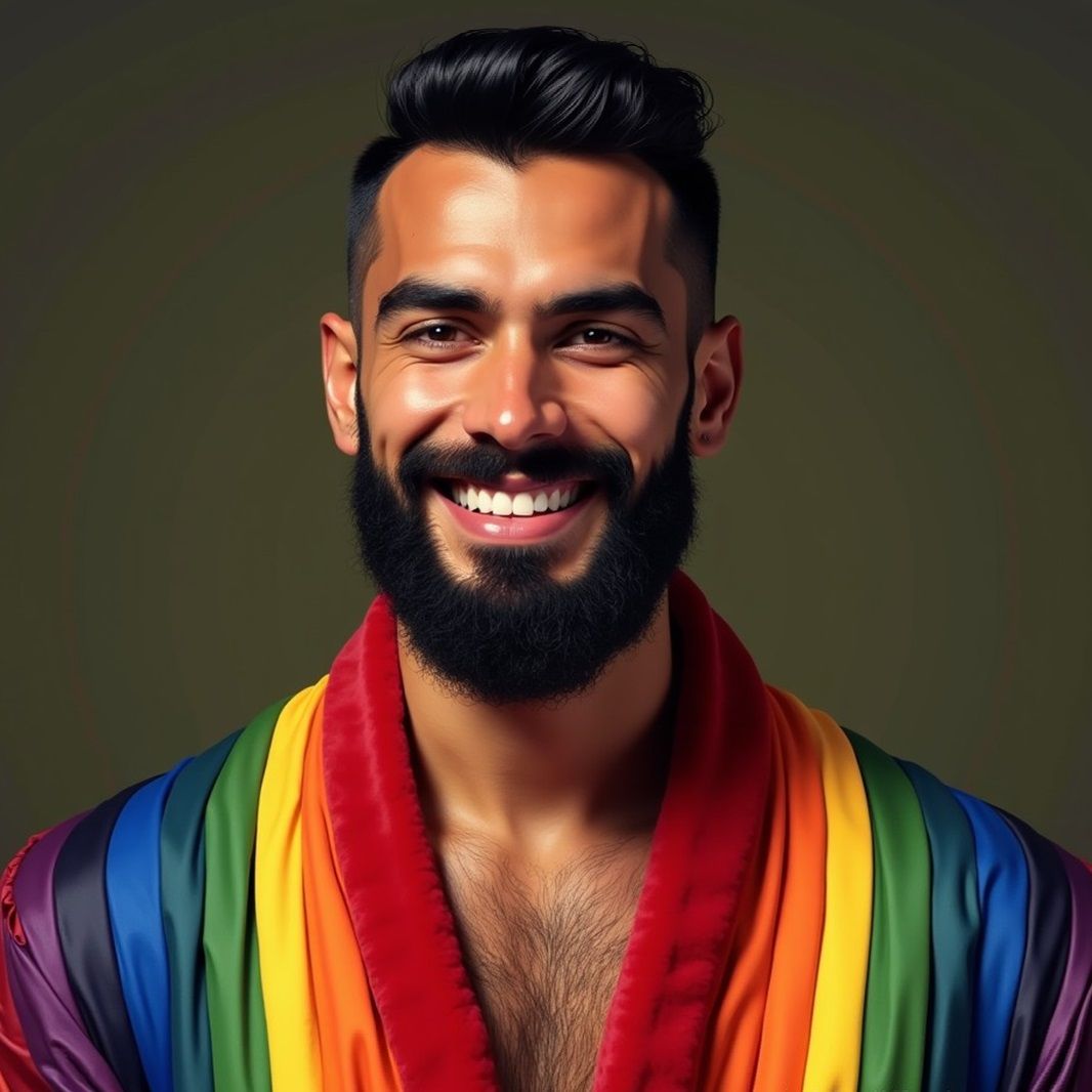 A bearded man wearing a rainbow-coloured bathrobe