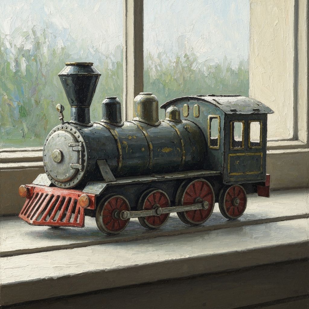 Old Tin Toy Train on Windowsill Impasto Painting