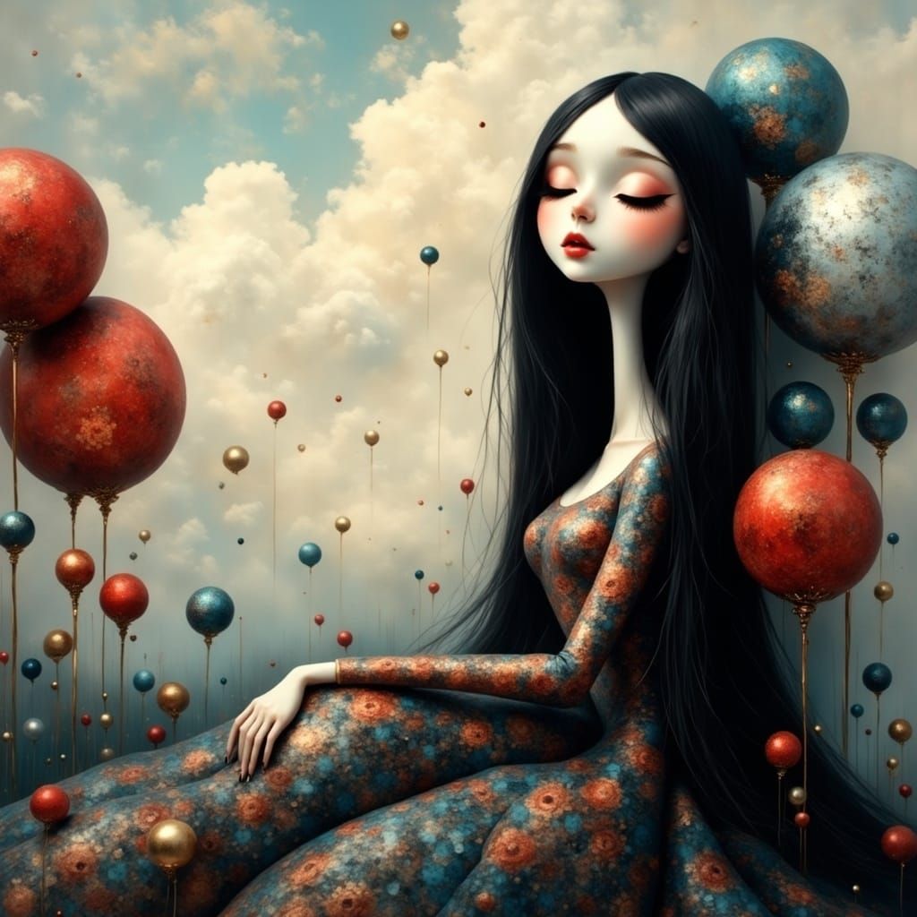 <lora:EtherealVisionsFlux:1.0> A mesmerizing and serene portrait of a stylized, big-eyed, doll-like figure ...  by @ANIAMAnJa