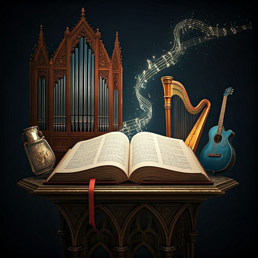 Ornate Book of Psalms Surrounded by Musical Instruments in a...