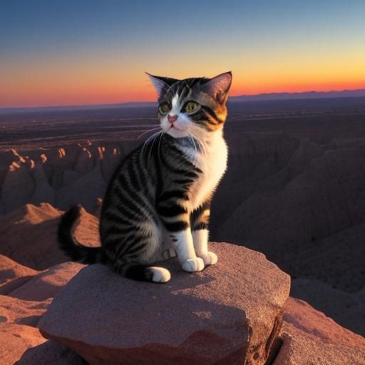 A Grumpy Kitten sitting on a rock, stunning desert sunset. E...