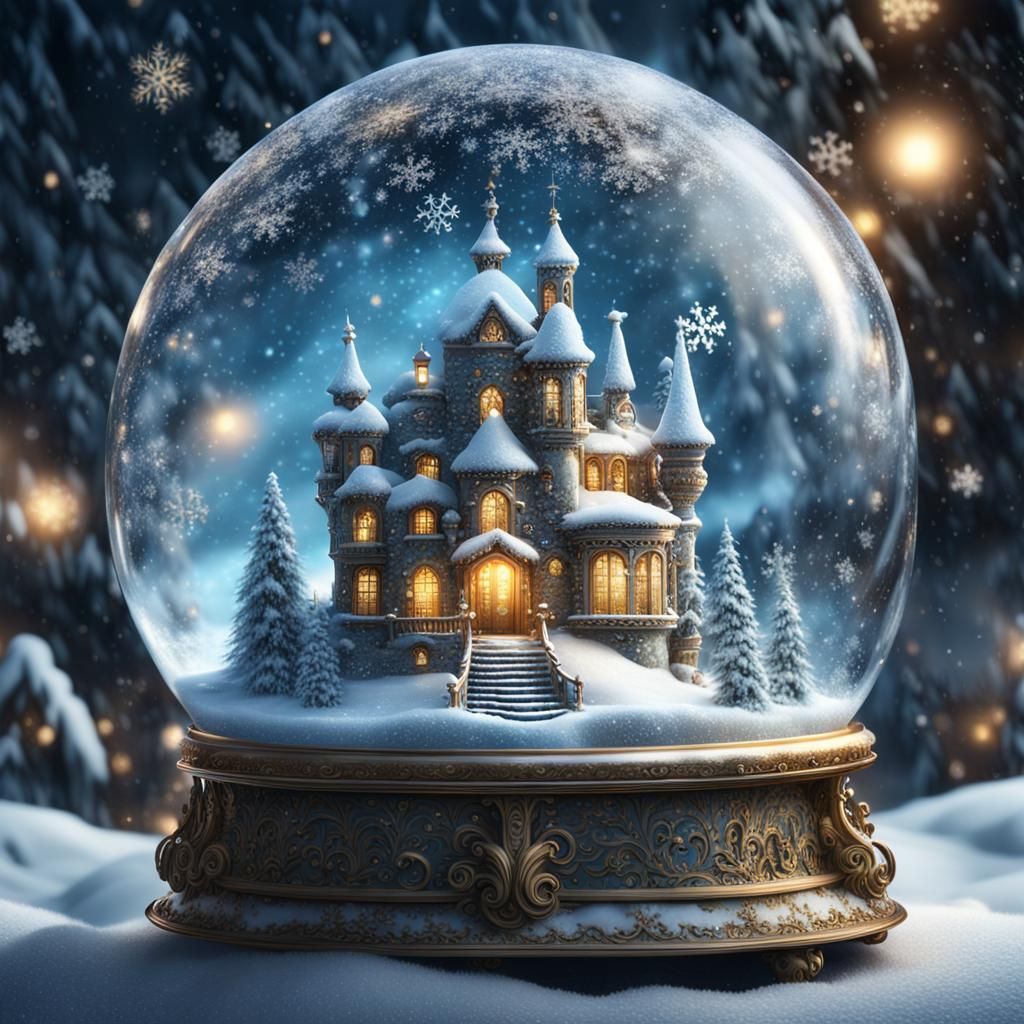 an ornate fairytale snow globe with swirling glittering snow...
