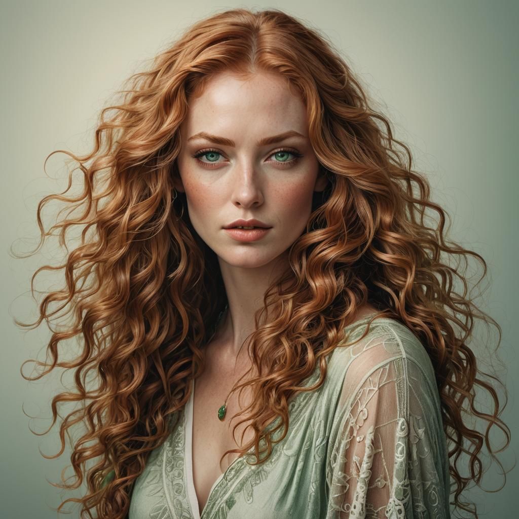 A woman with long, flowing reddish-blonde hair that cascades down her back in loose, natural curls, bouncing with subtle movement, surround...
