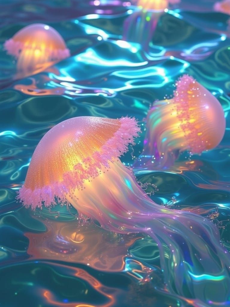 Transparent seat creatures glowing holographic colors og orange, pink, aqua, and blue    <lora:irridescence:1.0> under the iridescent moonli...
