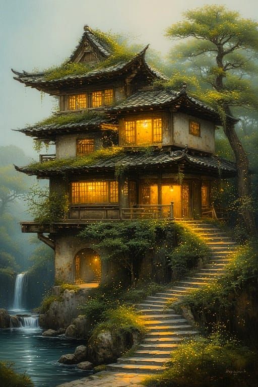 Japanese house in a mossy garden