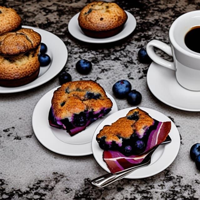 A cup of coffee with a blueberry muffin and four slices of c...