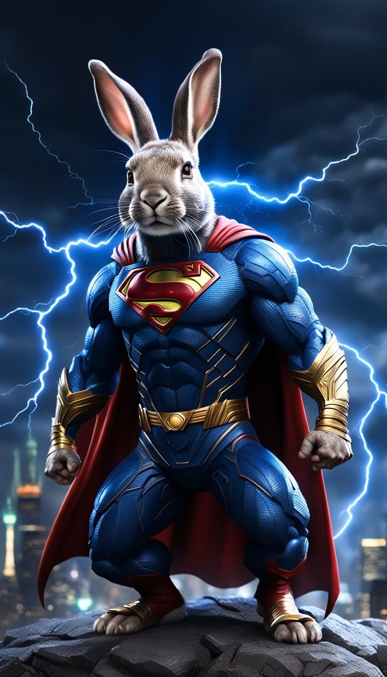 Rabbit Superman Fusion on Liberty Island in Digital Art