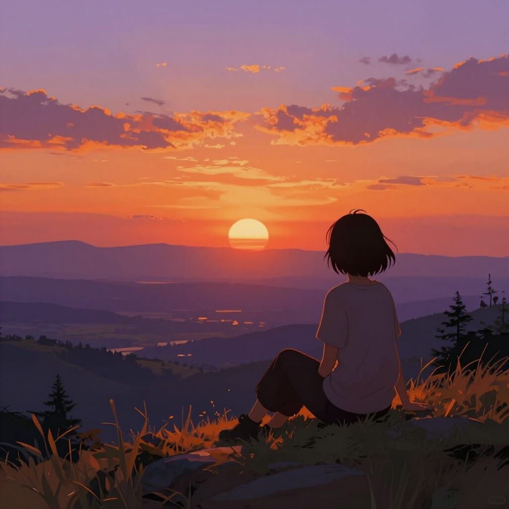 Woman Silhouetted at Sunset Over Valley in Impressionistic S...