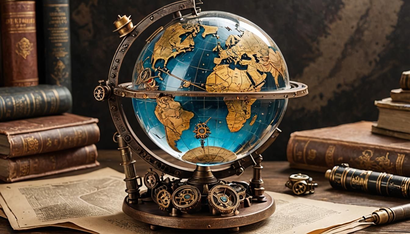 la planete terre dans un globe de verre steampunk