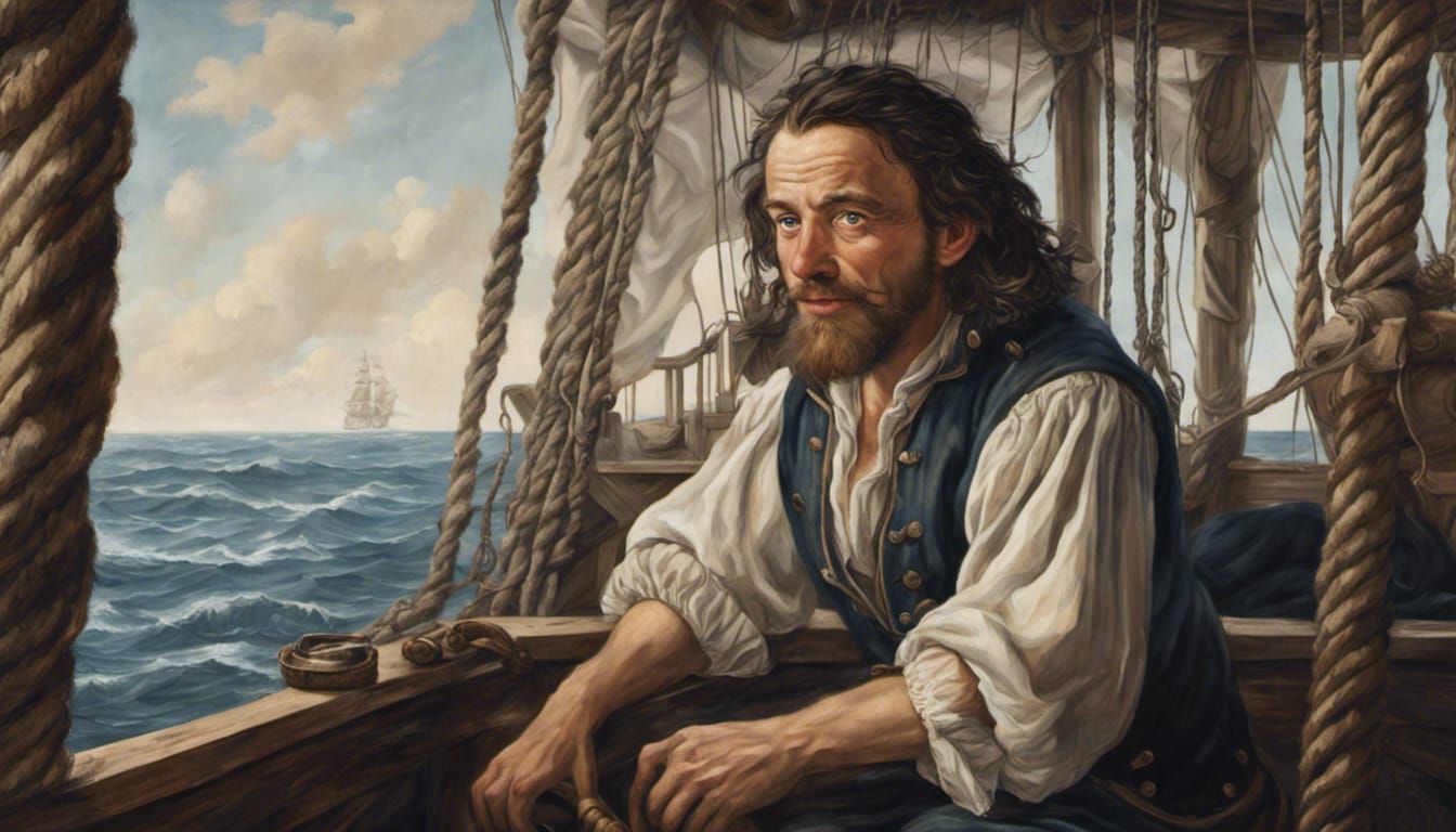 A seventeenth-century sailor sits in the crow's nest of a se...