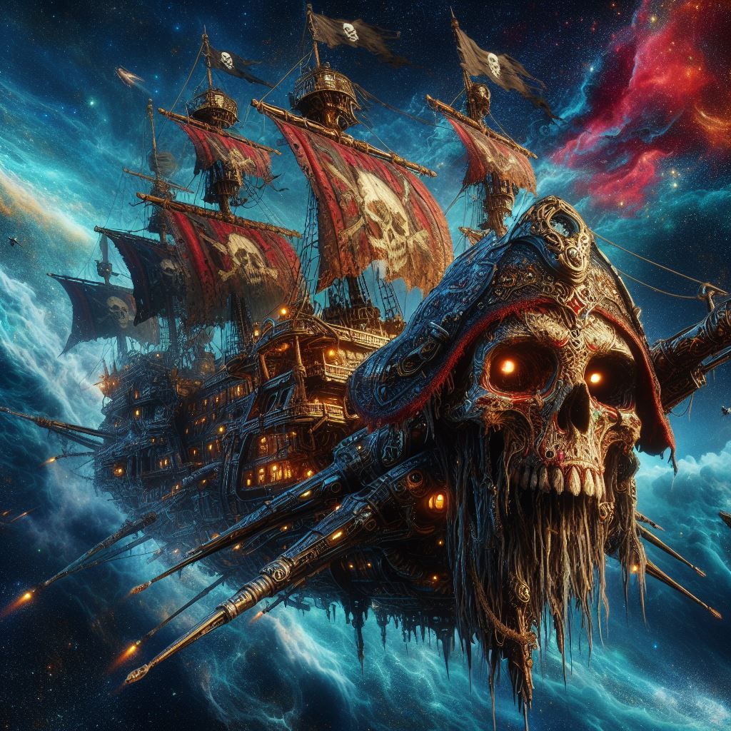 fantasy pirate ship on ocean, a spaceship in space, illustration